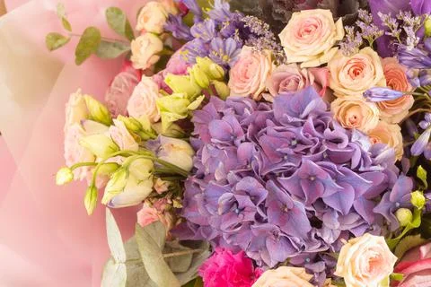 A bouquet of assorted flowers. Roses, hydrangea Stock Photos