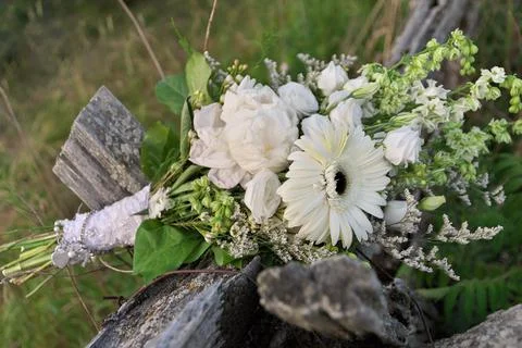 Bouquet of Assorted White Flowers Including Gerber Daisies, Roses, Peonies on Stock Photos