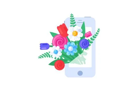 Bouquet blooming out from an phone in solid cartoon style 스톡 일러스트