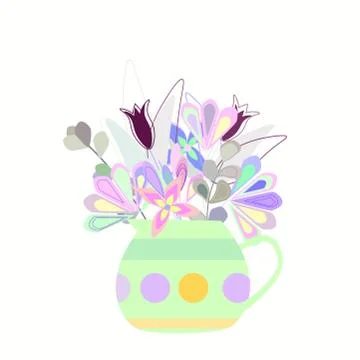 Bouquet of bright multicolored flowers in a polka dot vase Stock Illustration