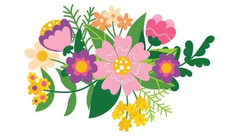 Bouquet composition of different spring and summer flowers isolated on white. Stock Illustration