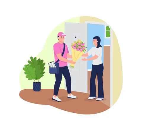 Bouquet delivery to home 2D vector web banner, poster Stock Illustration