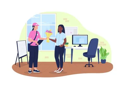 Bouquet delivery to office 2D vector web banner, poster Stock-Illustration