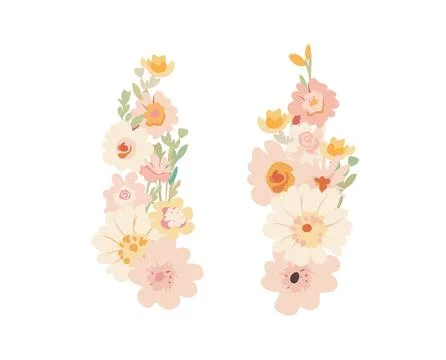 Bouquet of different delicate spring flowers with leaves, set of flowering Stock Illustration