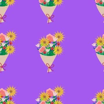 Bouquet of different flowers seamless pattern. Vector beige floral print in flat Stock Illustration