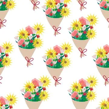 Bouquet of different flowers seamless pattern. Vector beige floral print in flat Stock Illustration