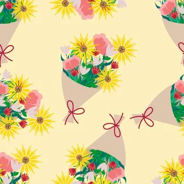 Bouquet of different flowers seamless pattern. Vector beige floral print in flat Illustrazione stock