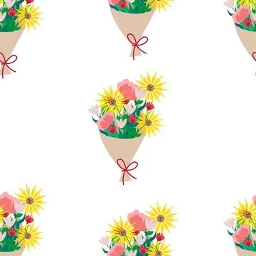 Bouquet of different flowers seamless pattern. Vector beige floral print in flat Stock Illustration
