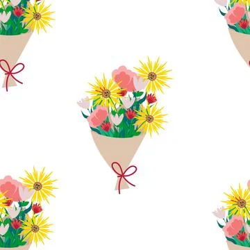 Bouquet of different flowers seamless pattern. Vector beige floral print in flat Stock Illustration