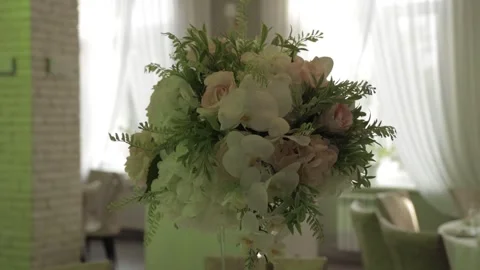 Bouquet on a Dining Table in a Wedding Hall Stock Footage 300491885
