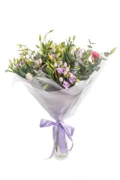 Bouquet of eustomess and eucalyptus Stock Photos