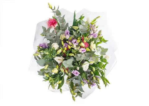 Bouquet of eustomess and eucalyptus Stock Photos