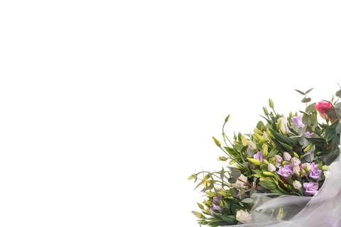 Bouquet of eustomess and eucalyptus on a white background Stock Photos