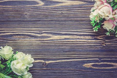 Bouquet of flower and empty rustic wooden table with copy space, table empt.. Stock Photos