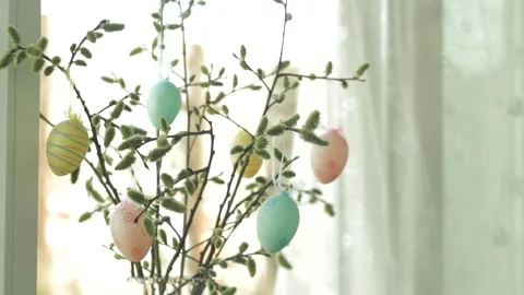 Bouquet of flowering willow branches with Easter eggs. Stock Footage 181026656