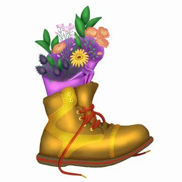 A bouquet of flowers in a boot. Vector Stock Illustration