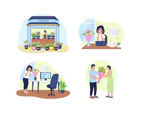 Bouquet gift 2D vector web banner, poster set Stock Illustration