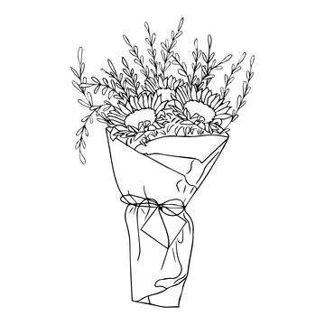 Bouquet. Hand-drawn vector line-art illustration. One Line style drawing. Stock Illustration