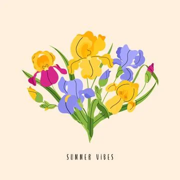 Bouquet of Iris flowers vector isolated on beige background. Summer flower Ilustración de archivo