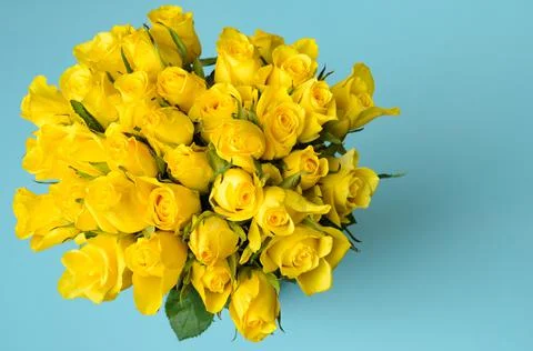 A bouquet of many delicate, yellow roses on a textured, blue, silk background Stock Photos