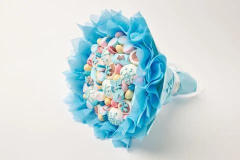 Bouquet of multi-colored marshmallows, sweets, decorated with chocolate Stock Photos