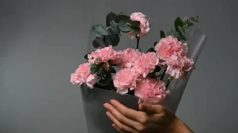 Bouquet of pink carnations on a gray background. Florist assembly a bouquet to Stock Footage 317907857
