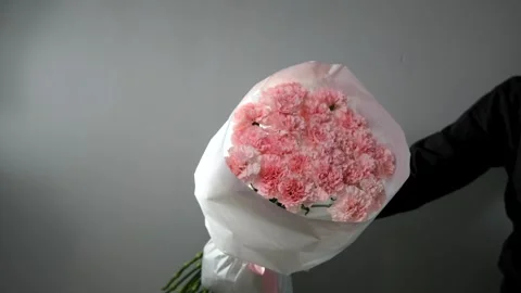 Bouquet of pink carnations on a gray background. Florist assembly a bouquet to Stock Footage 319523549
