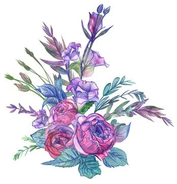 Bouquet with pink roses and eustoma flowers painted with watercolor Illustrazione stock