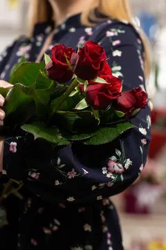 Bouquet of red roses. Gift idea for valentine's day. Florist woman holding a  Stock Photos