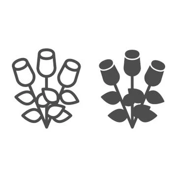 Bouquet of roses line and solid icon. Three romantic flower bud with leaves Stock Illustration
