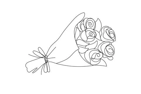 Bouquet of roses. One solid black line . for greeting card design Stock Illustration