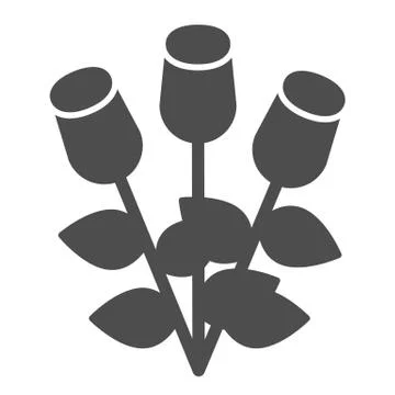 Bouquet of roses solid icon. Three romantic flower bud with leaves symbol, glyph Stock Illustration