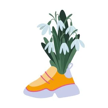 Bouquet of snowdrops in a sneaker, first spring flowers, cartoon style. Trendy Stock Illustration