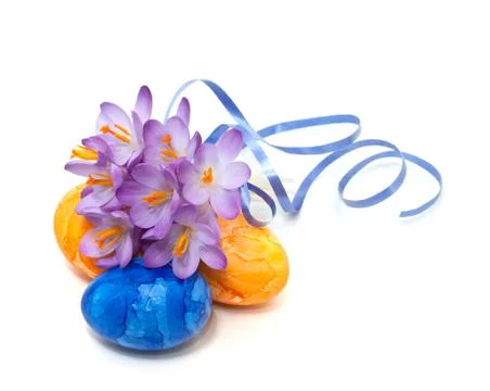 Bouquet of spring crocus with easter eggs Stock Photos