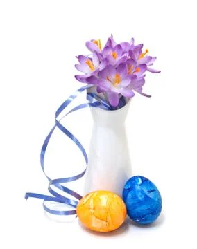 Bouquet of spring crocus with easter eggs Stock Photos