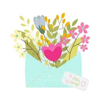 Bouquet of spring flowers inside the envelope with text Hello spring. Flat .. Stock Illustration