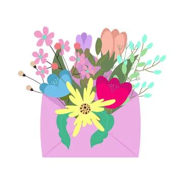 Bouquet of spring flowers inside the envelope. Flat design. Illustrazione stock