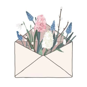 Bouquet of spring flowers inside the envelope. Hand drawn trendy vector greeting Stock Illustration