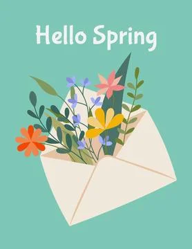 A bouquet of spring meadow flowers inside an envelope. Flat design. Trendy .. Stock Illustration