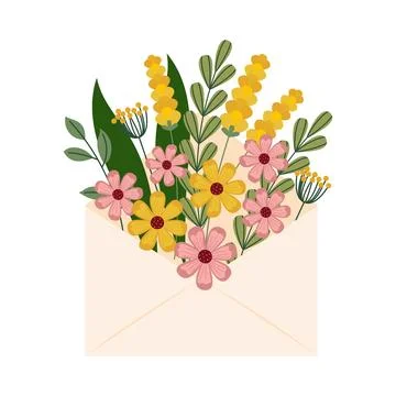 Bouquet of spring wild flowers in envelope. Flowers in flat style. Design e.. Stock Illustration