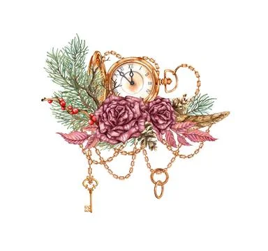 Bouquet steampunk two roses pine watch key watercolor Stock Illustration