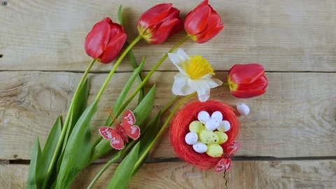 Bouquet of tulips, Easter eggs. Minimal concept. copy space Stock Footage 170583704