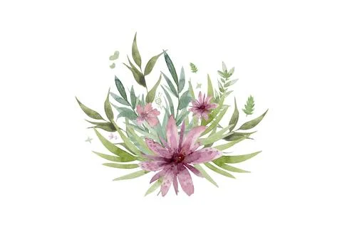 Bouquet watercolor red flowers and green leaves. Design frolar banner isolated Stock Illustration