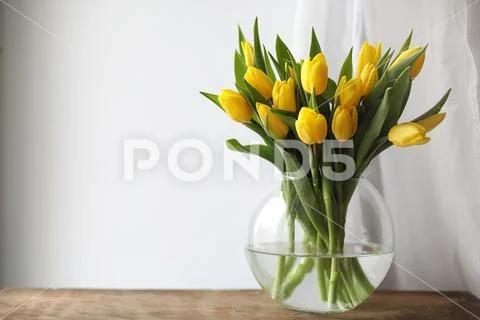 A bouquet of yellow tulips in a vase on the windowsill. A gift t Stock Photos