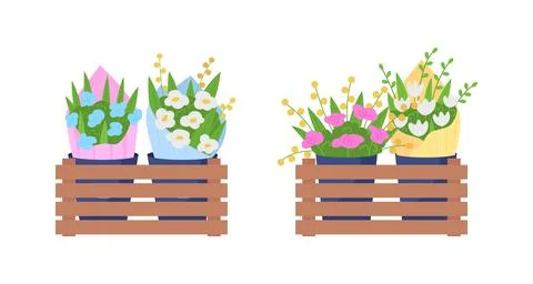 Bouquets on shelves flat color vector object set Stock Illustration
