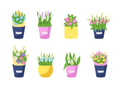 Bouquets in vases flat color vector object set Illustrazione stock