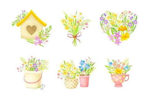 Bouquets of wildflowers set. Decor elements of delicate spring and summer Illustrazione stock