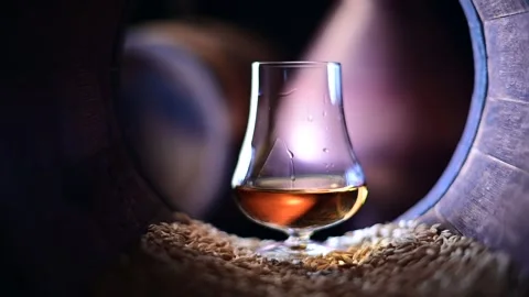 Bourbon whiskey trickles down the surface of a glass Stock Footage 278616293