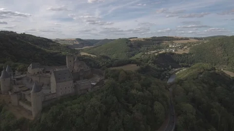 Bourscheid-08 Passing above the forest and castle Stock Footage 106372495