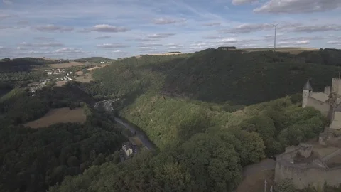 Bourscheid-11 Panning left to right showing the side of the castle Stock Footage 106372456